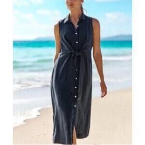 J. Jill Sleeveless Button-Front Midi sleeveless linen shirt Dress in Navy XSP